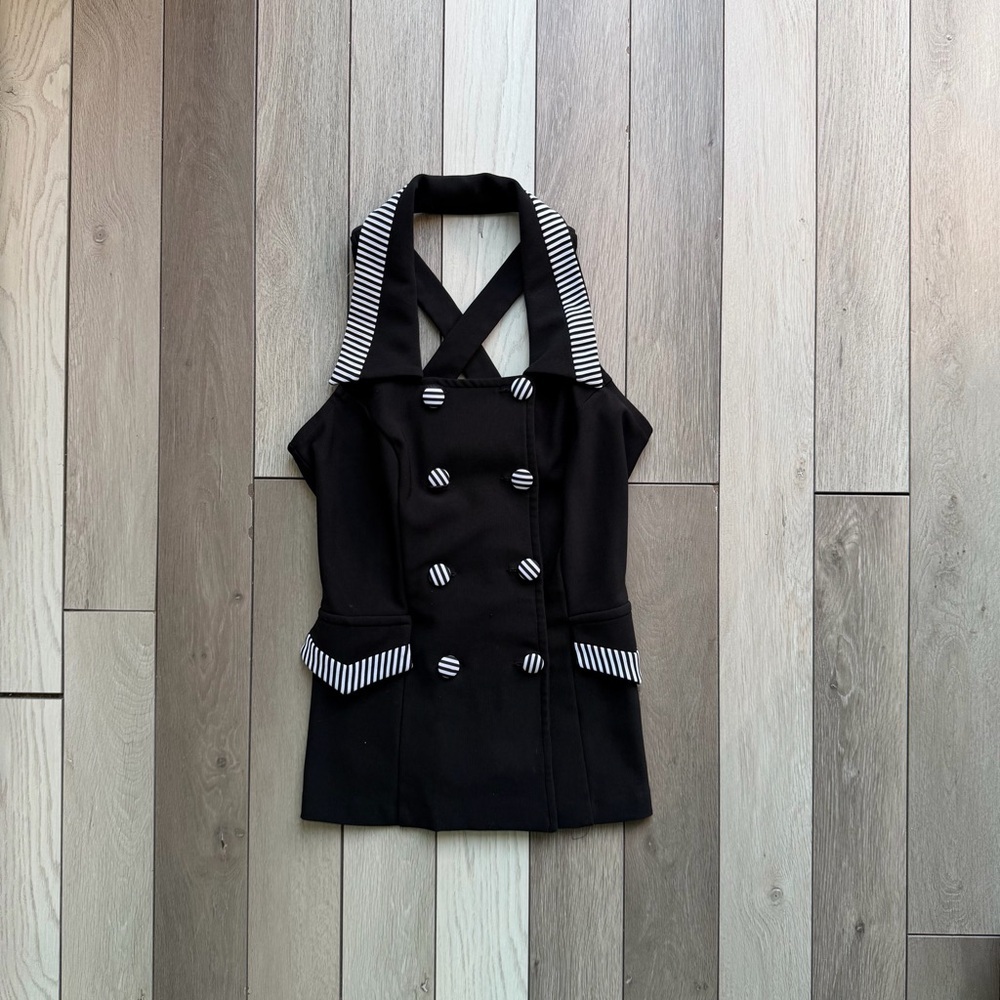 Anna U.S.A Vintage Black Halter Top with Striped Accents